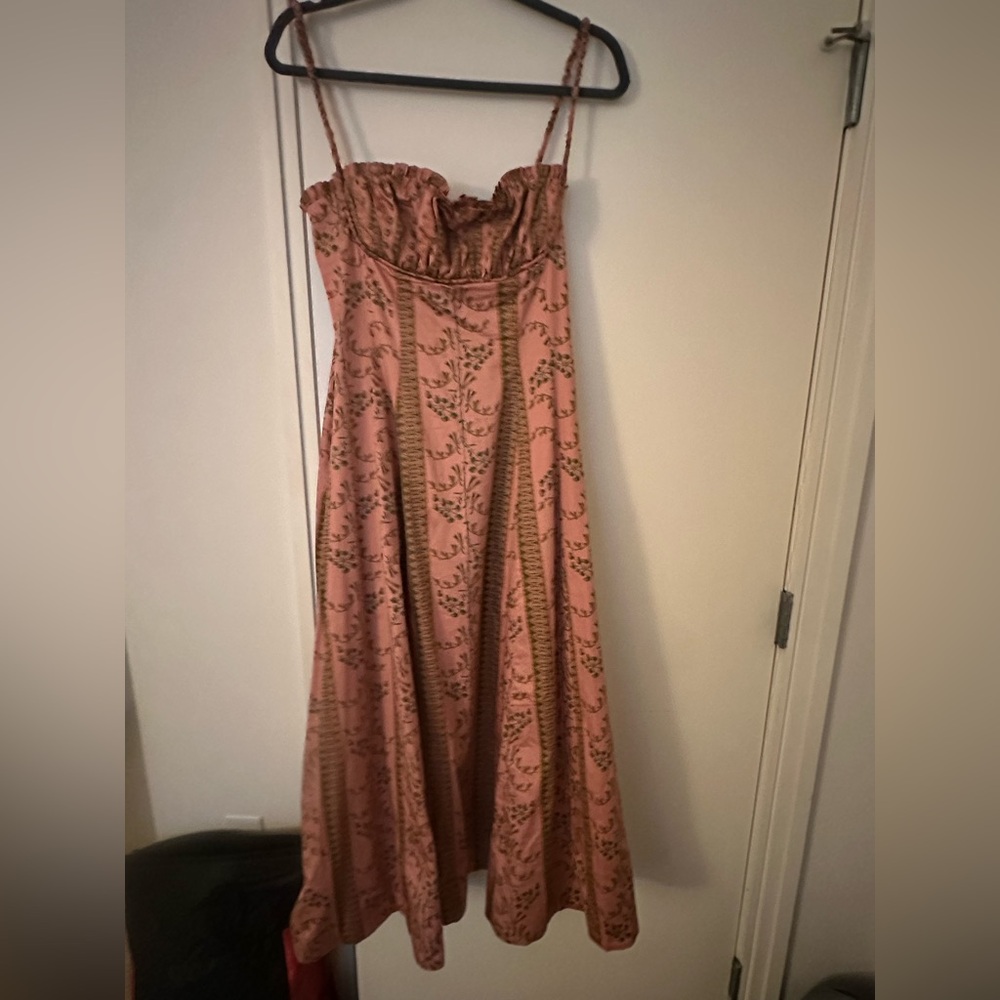 Hill House Midi Dress in Pink with Olive Print - Picture 4 of 5